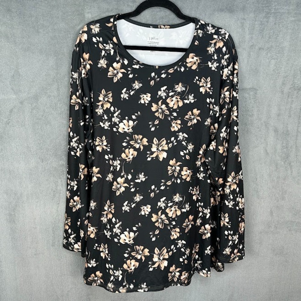 J Jill Top Womens 3X Black Floral Fit Performance Long Sleeve Tee Stretch Comfy